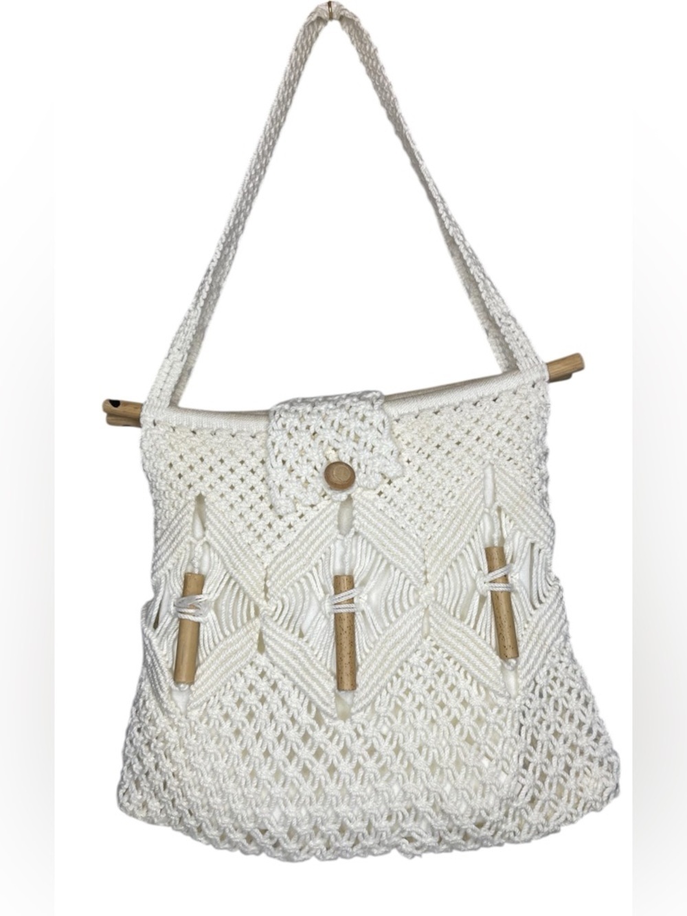 Boho Macramé Crochet Shoulder Bag Handmade Fringe Wooden Detail Festival
Purse